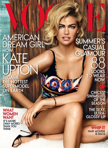 Kate Upton en la portada del número de junio de 2013 de la revista Vogue en una fotografía proporcionada por Vogue. (Foto AP/Vogue)