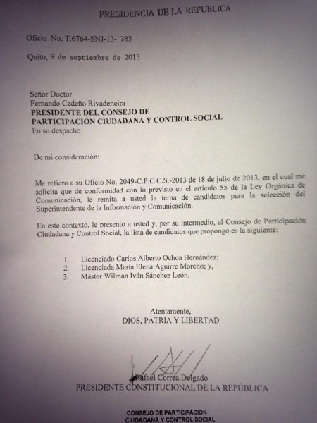 Carta de Correa presentando la terna. Foto: @CPCCS