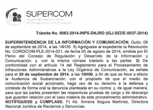 Notificación de la Superintendencia de Información y Comunicación.
