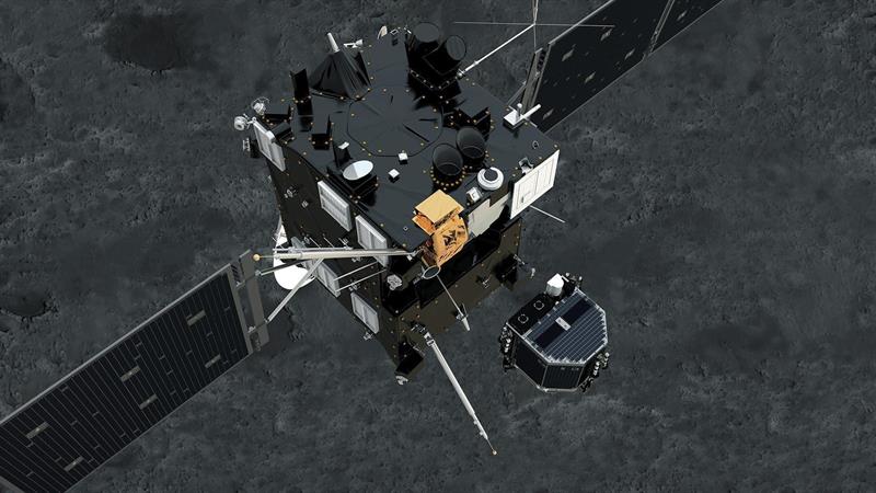 DARMSTADT (ALEMANIA) 12/11/2014.- Fotografía sin fechar facilitada por la Agencia Espacial Europea (ESA) de un fotograma de la animación del módulo Philae mientras se separa de Rosetta y desciende sobre la superficie del cometa 67/P Churyumov-Gerasimenko. El módulo Philae sigue vivo en la dirección correcta hacia el cometa 67/P Churyumov-Gerasimenko, en el que aterrizará sobre las 16.00 horas GMT para estudiar su composición. EFE/Esa / Atg Medialab /