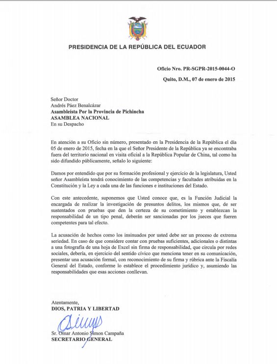Respuesta presidencia a Páez