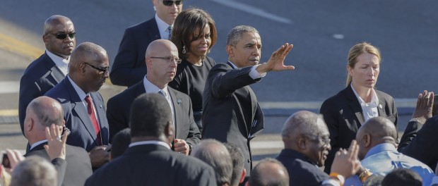 Commemorating the 50th anniversary of Bloody Sunday crossing of the Edmund Pettus Bridge in Selma, Alabama, USA