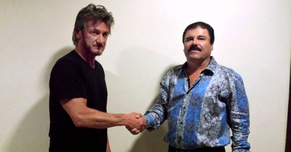 The author and then-fugitive El Chapo Guzmán, on October 2nd. The photo was taken for verification purposes. After a long dinner and conversation, Chapo granted Penn's request for a formal interview. Courtesy of Sean Penn