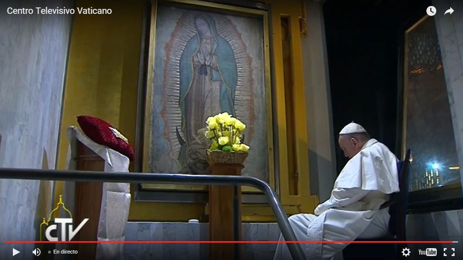 El papa Francisco, en la Basílica de la Virgen de Guadalupe, en México, el 13 de febrero de 2016. Captura de pantalla de la Radio Televisión Vaticana.