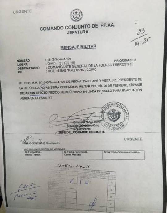 Captura de mensaje enviado por el Jefe del Comando Conjunto, Osvaldo Zambrano, el 24 de febrero de 2016. Fuentes del Comando Conjunto han confirmado a El Comercio la veracidad del documento. El diario informa que las órdenes han cambiado luego.