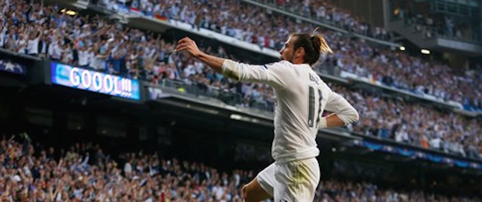 El jugador de Real Madrid, Gareth Bale, festeja un gol contra Manchester City en un partido por las semifinales de la Liga de Campeones el miÈrcoles, 4 de mayo de 2016, en Madrid. (AP Photo/Francisco Seco)