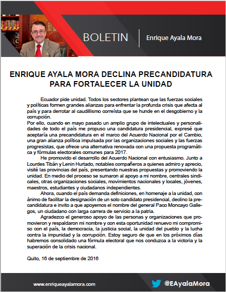 Boletín enviado por Enrique Ayala Mora el 16 de septiembre de 2016. 