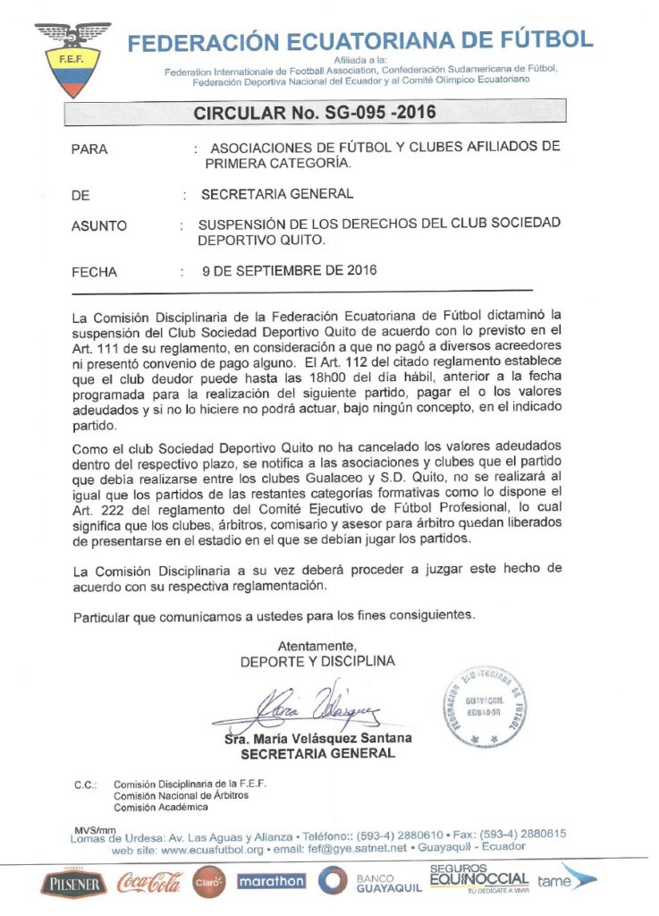 Comunicado que confirma suspensión al Deportivo Quito