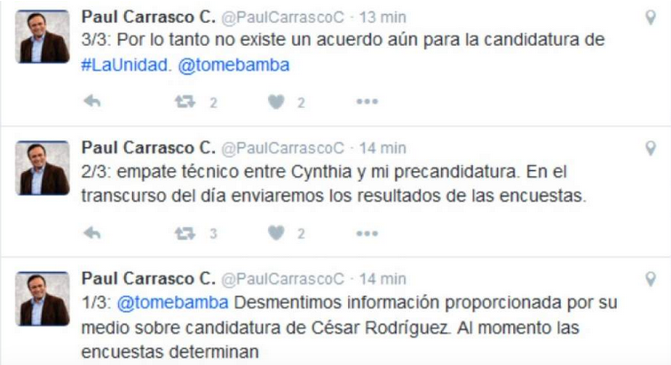 Foto: Captura de pantalla de la noticia publicada en www.eltelegrafo.com.ec "Paúl Carrasco borra los tuits en donde afirmaba que estaba en "empate técnico" con Cynthia Viteri". 