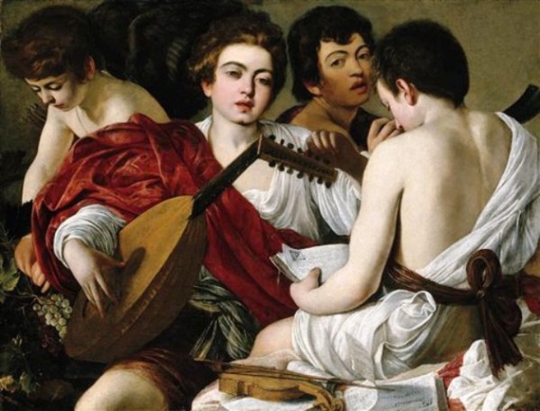 La pintura de Caravaggio, ?Los músicos? (c.1595) en una fotografía proporcionada por el Museo de Arte Kimbell el jueves 13 de octubre de 2011. Un conjunto de obras del famoso pintor italiano serán presentadas junto a piezas de aquellos influenciados por él en una exposición que se inaugurará en Fort Worth, Texas. (Foto AP/Kimbell Art Museum)