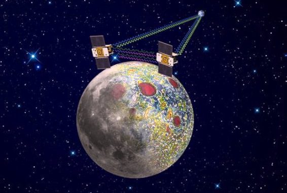 Interpretación artística elaborada por la NASA de la sonda espacial gemela Grail haciendo mapas del campo lunar gravitacional, el 21 de diciembre. Las dos sondas entrarán a la órbita de la Luna el fin de semana del Año Nuevo. (Foto AP/NASA, Jet Propulsion Laboratory)