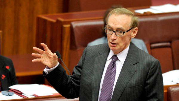 Foreign minister senator Bob Carr delivers his maiden speech in the Senate chamber at Parliament House Canberra, Wednesday, March 21, 2012.  (AAP Image/Alan Porritt) NO ARCHIVING
