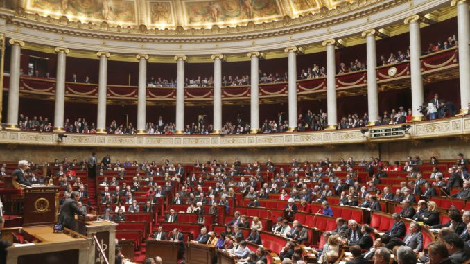 General view of the hemicycle during a final vote on bill legalising same-sex marriage at the National Assembly in Paris