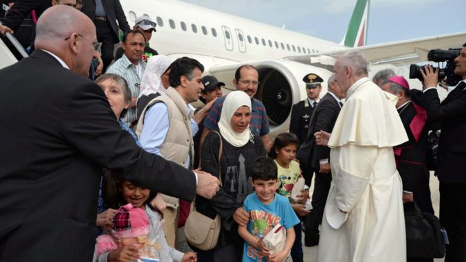 Pope Francis returns from visit the island of Lesbos
