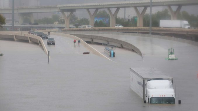 Submerged freeways from the effects of Hurricane Harvey are seen during widespread flooding in Houston