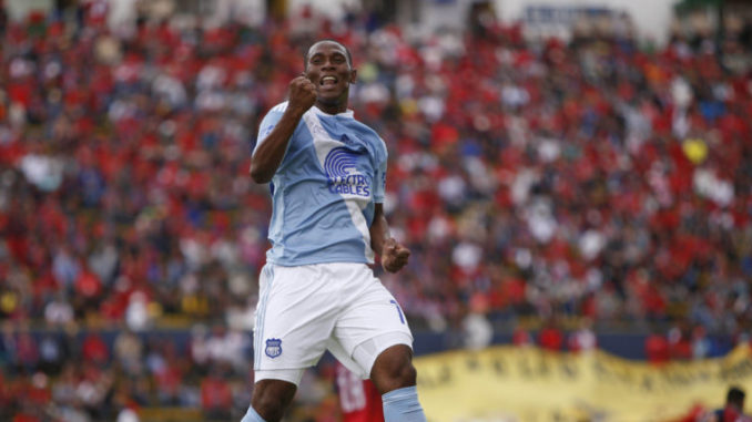 Bryan Angulo festeja su tanto frente al Nacional, el 17 de febrero de 2018 en el Olímpico Atahualpa