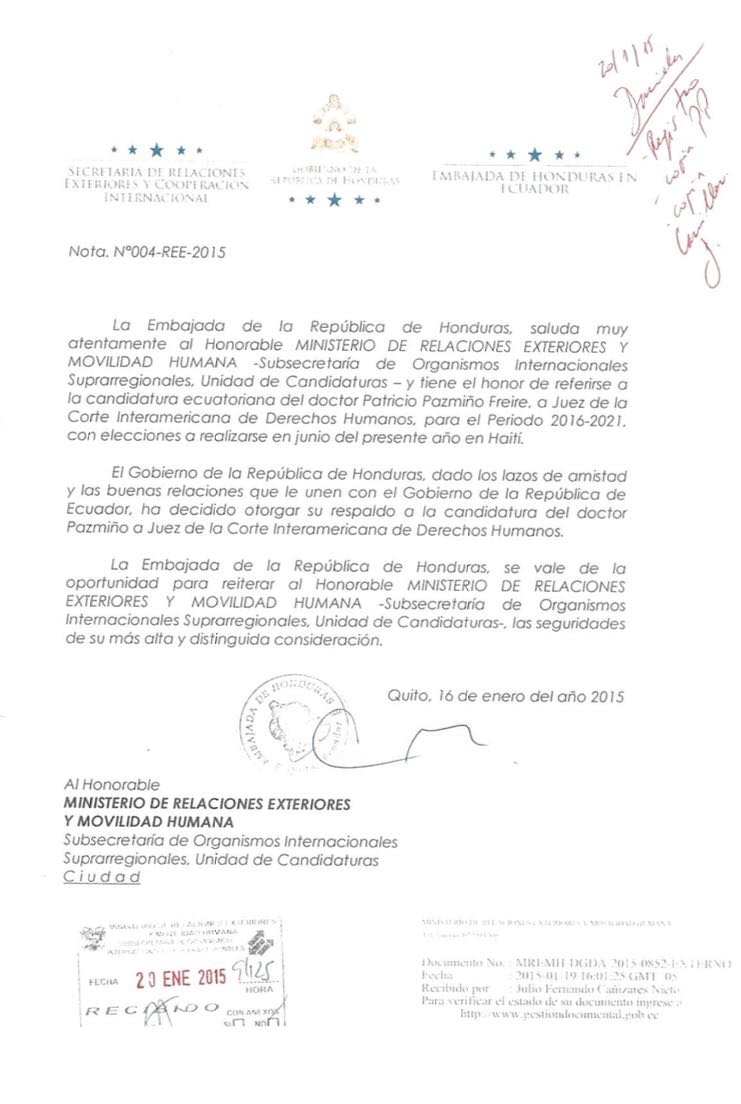 Revelan carta en que Ecuador se comprometió en votar por 