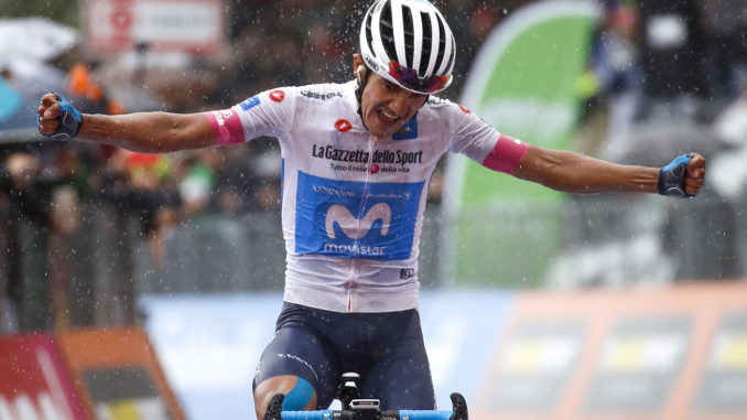 Ecuador's Richard Carapaz celebrates as he crosses the finish line