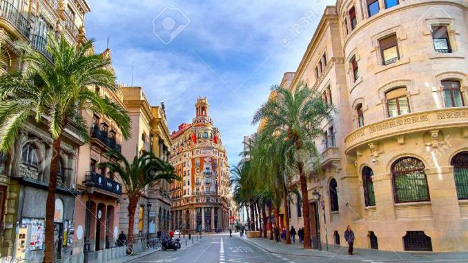 Street in Valencia Spain. Palm Trees in Spanish City of Valencia