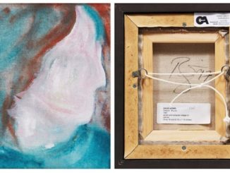 Composición de dos fotografías cedidas este viernes por la casa de subastas canadiense Cowley Abbot donde se muestra el anverso y reverso de la obra "DHead XLVI" pintada en 1997 por el músico británico David Bowie