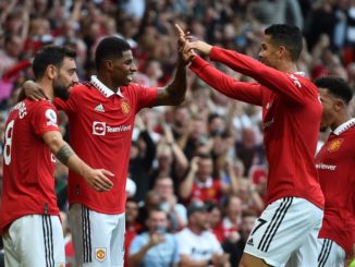 Manchester (United Kingdom), 01/01/2014.- Marcus Rashford of Manchester United celebrates after scoring during the English Premier League soccer match between Manchester United and Arsenal FC in Manchester, Britain, 04 September 2022. (Reino Unido) EFE/EPA/PETER POWELL EDITORIAL USE ONLY. No use with unauthorized audio, video, data, fixture lists, club/league logos or 'live' services. Online in-match use limited to 120 images, no video emulation. No use in betting, games or single club/league/player publications