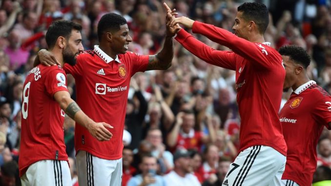 Manchester (United Kingdom), 01/01/2014.- Marcus Rashford of Manchester United celebrates after scoring during the English Premier League soccer match between Manchester United and Arsenal FC in Manchester, Britain, 04 September 2022. (Reino Unido) EFE/EPA/PETER POWELL EDITORIAL USE ONLY. No use with unauthorized audio, video, data, fixture lists, club/league logos or 'live' services. Online in-match use limited to 120 images, no video emulation. No use in betting, games or single club/league/player publications