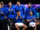 London (United Kingdom), 23/09/2022.- Team Europe player Roger Federer (L) of Switzerland sitting next to doubles partner Rafael Nadal of Spain after losing their match against Team World double Jack Sock of the US and Frances Tiafoe of the US on the first day of the Laver Cup tennis tournament in London, Britain, 23 September 2022. The match was Federer's last game before retirement. In background are (from L) Team Europe members Casper Ruud of Norway, Novak Djokovic of Serbia, Matteo Berrettini of Italy, Cameron Norrie of Great Britain and Stefanos Tsitsipas of Greece. (Tenis, Francia, Gran Bretaña, Grecia, Italia, Noruega, España, Suiza, Reino Unido, Londres) EFE/EPA/ANDY RAIN