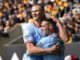 Wolverhampton (United Kingdom), 17/09/2022.- Manchester City's Phil Foden celebrates with team-mate Erling Haaland (L) after scoring the side's third goal in the English Premier League soccer match between Wolverhampton Wanderers and Manchester City in Wolverhampton, Britain, 17 September 2022. (Reino Unido) EFE/EPA/ANDREW YATES EDITORIAL USE ONLY. No use with unauthorized audio, video, data, fixture lists, club/league logos or 'live' services. Online in-match use limited to 120 images, no video emulation. No use in betting, games or single club/league/player publications
