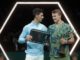 Paris (France), 06/11/2022.- Holger Rune (R) of Denmark celebrates with the trophy after winning the final match against Novak Djokovic (L) of Serbia at the Rolex Paris Masters 2022 Tennis Tournament in Paris, France, 06 November 2022. (Tenis, Dinamarca, Francia) EFE/EPA/CHRISTOPHE PETIT TESSON