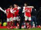 London (United Kingdom), 22/01/2023.- Arsenal's players celebrate the 3-2 lead during the English Premier League soccer match between Arsenal London and Manchester United in London, Britain, 22 January 2023. (Reino Unido, Londres) EFE/EPA/Andy Rain EDITORIAL USE ONLY. No use with unauthorized audio, video, data, fixture lists, club/player publications