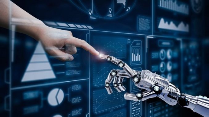 connection concept with human finger connect to 3d rendering robot finger