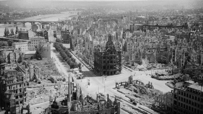 World War II, Germany, DRESDEN: General viewto the destroyed city after the allied bomb attacks on February 13/14, 1945, Photograph by Foto Frost