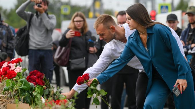 Memorial outside PMC Wagner headquarters in St. Petersburg in wake of plane crash