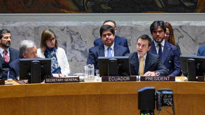 Presidente ecuatoriano Daniel Noboa preside una sesión del Consejo de Seguridad en la ONU