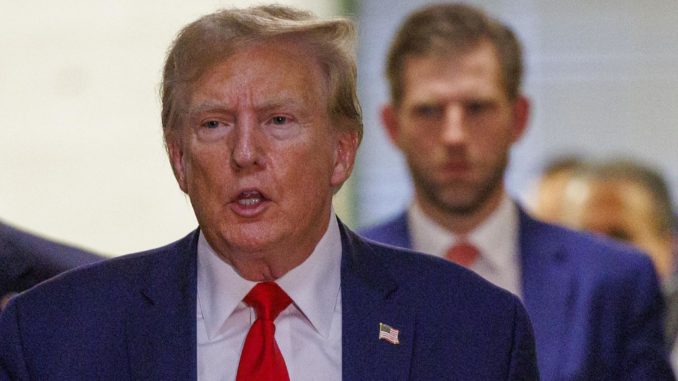 Trump se aferra a un rocambolesco argumento legal para seguir en la liza electoral EA4124. NUEVA YORK (ESTADOS UNIDOS), 03/01/2024.- Fotografía de archivo fechada el 7 de diciembre de 2023 que muestra al expresidente de los Estados Unidos, Donald Trump, a la salida de una corte y mientras se apresta a hablar con la prensa, en Nueva York (EE.UU.). La eventual presencia de Donald Trump en las papeletas electorales de dos estados de Estados Unidos depende de la interpretación que se dé a un solo párrafo de la Constitución, que acapara las denuncias de sus opositores y los recursos que el exmandatario ya ha presentado y contempla. EFE/ Sarah Yenesel