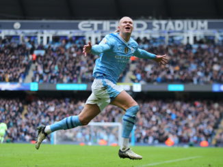 Manchester (United Kingdom), 10/02/2024.- Erling Haaland of Manchester City celebrates scoring a goal during the English Premier League soccer match between Manchester City and Everton FC, at the Etihad Stadium in Manchester, Britain, 10 February 2024. (Reino Unido) EFE/EPA/ASH ALLEN EDITORIAL USE ONLY. No use with unauthorized audio, video, data, fixture lists, club/league logos, 'live' services or NFTs. Online in-match use limited to 120 images, no video emulation. No use in betting, games or single club/league/player publications.