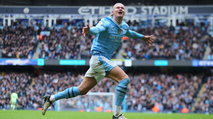 English Premier League - Manchester City vs Everton Manchester (United Kingdom), 10/02/2024.- Erling Haaland of Manchester City celebrates scoring a goal during the English Premier League soccer match between Manchester City and Everton FC, at the Etihad Stadium in Manchester, Britain, 10 February 2024. (Reino Unido) EFE/EPA/ASH ALLEN EDITORIAL USE ONLY. No use with unauthorized audio, video, data, fixture lists, club/league logos, 'live' services or NFTs. Online in-match use limited to 120 images, no video emulation. No use in betting, games or single club/league/player publications.