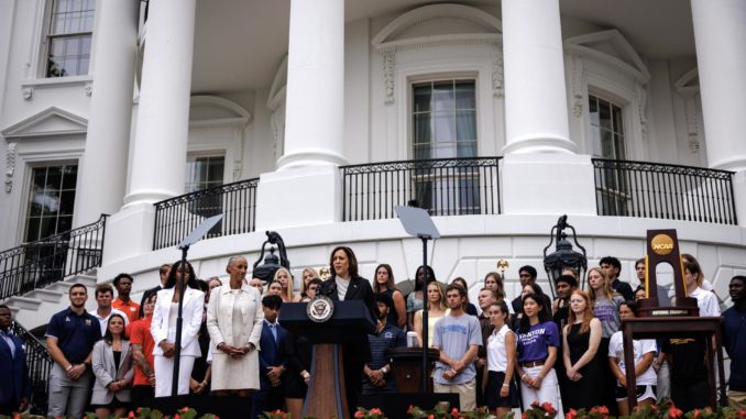 US Vice President Harris hosts event with college athletes at the White House