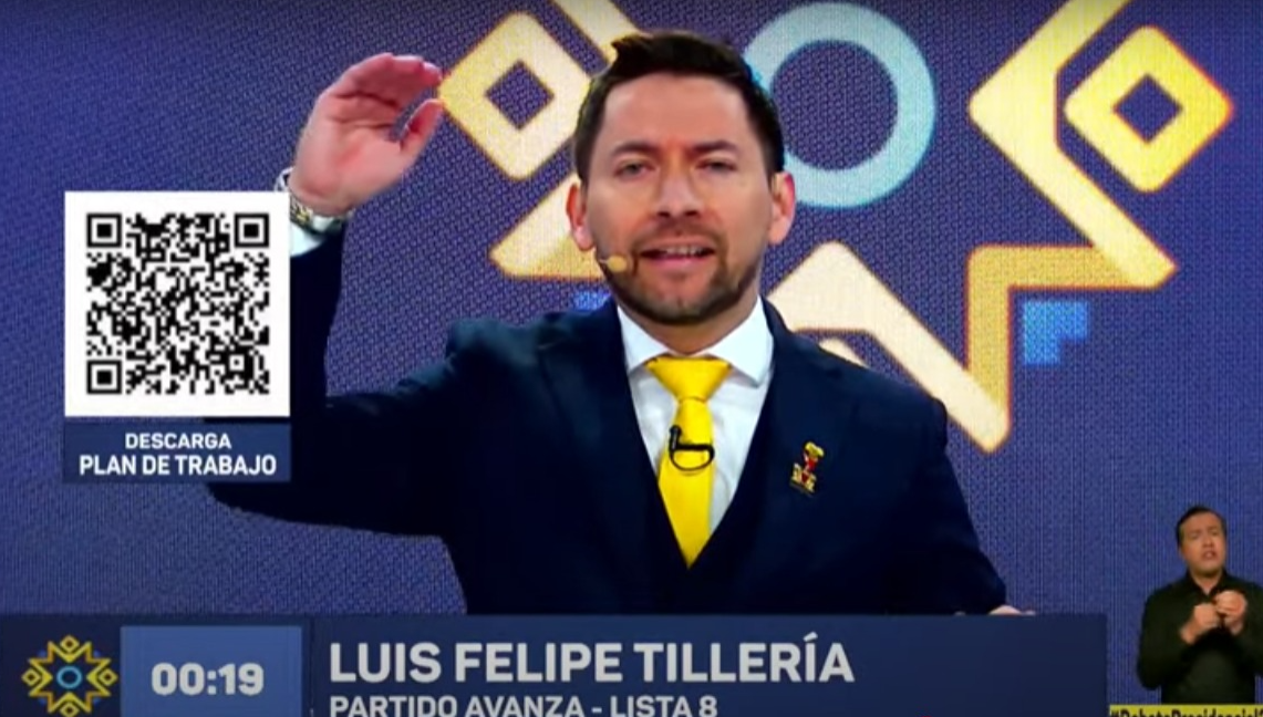 El candidato presidencial de AVANZA, Luis Tillería, este domingo, 19 de enero, en el debate presidencial obligatorio Ecuador 2025. Captura tomada del canal del Consejo Nacional Electoral (CNE) en YouTube.