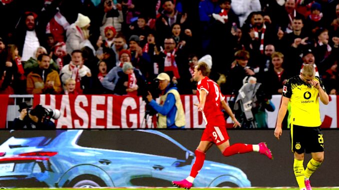 MUNICH (Germany), 18/10/2025.- Harry Kane of Munich celebrates after scoring 1-0 during the German Bundesliga soccer match between Bayern Munich and Borussia Dortmund in Munich, Germany, 18 October 2025. (Alemania) EFE/EPA/ANNA SZILAGYI CONDITIONS - ATTENTION: The DFL regulations prohibit any use of photographs as image sequences and/or quasi-video.